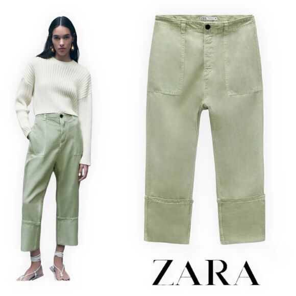 ZARA | Sea Green | LINEN BLEND TURNED UP CUFF PANTS - Picture 1 of 11